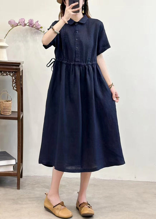 Navy Lace Up Linen Summer Long Dress Peter Pan Collar