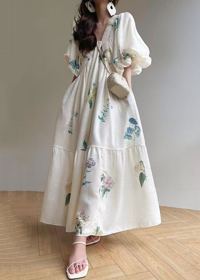 White V Neck Print Lace Up Cotton Dress Lantern Sleeve