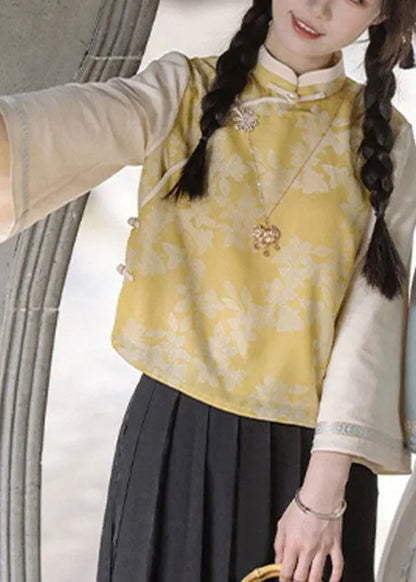 New Retro Yellow Top and Skirt Silk Two Pieces Set Autumn