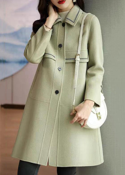 Light Green Peter Pan Collar Button Patchwork Woolen Coat Winter