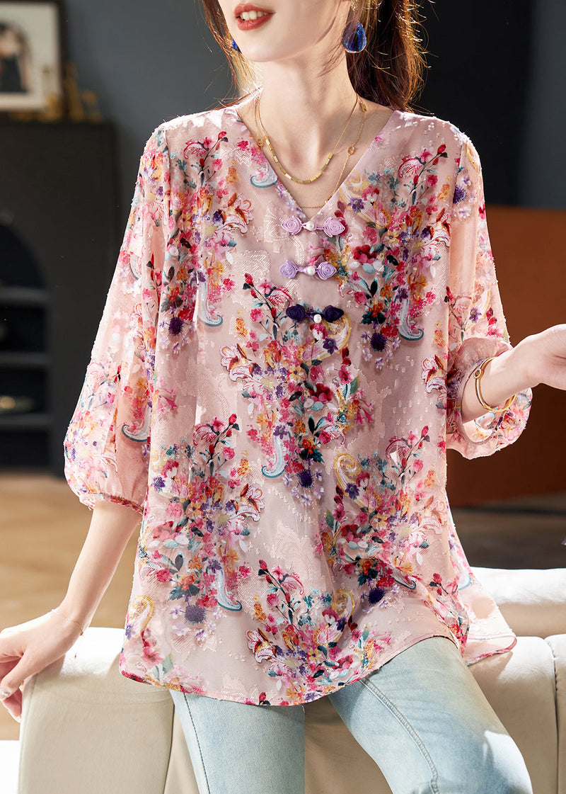 Pink V Neckprint Chiffon Shirt Bracelet Sleeve