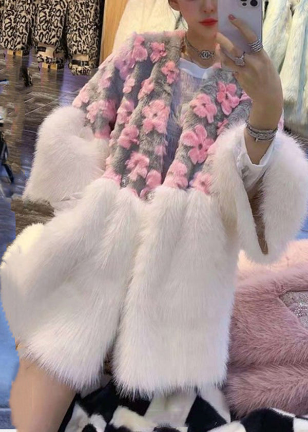 Pink V Neck Pockets Patchwork Fuzzy Fur Fluffy Coat Winter