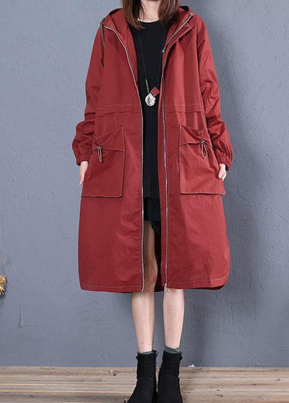 Loose Fitting Long Jackets Fall Jacket Red Side Open Hooded Coat