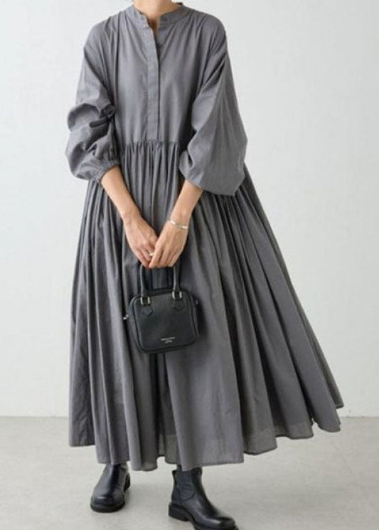 Grey Wrinkled Patchwork Cotton Dresses Lantern Sleeve