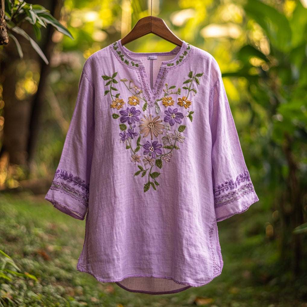 Women's Purple Flowers Embroidery Vintage Linen  Shirt elevenforest
