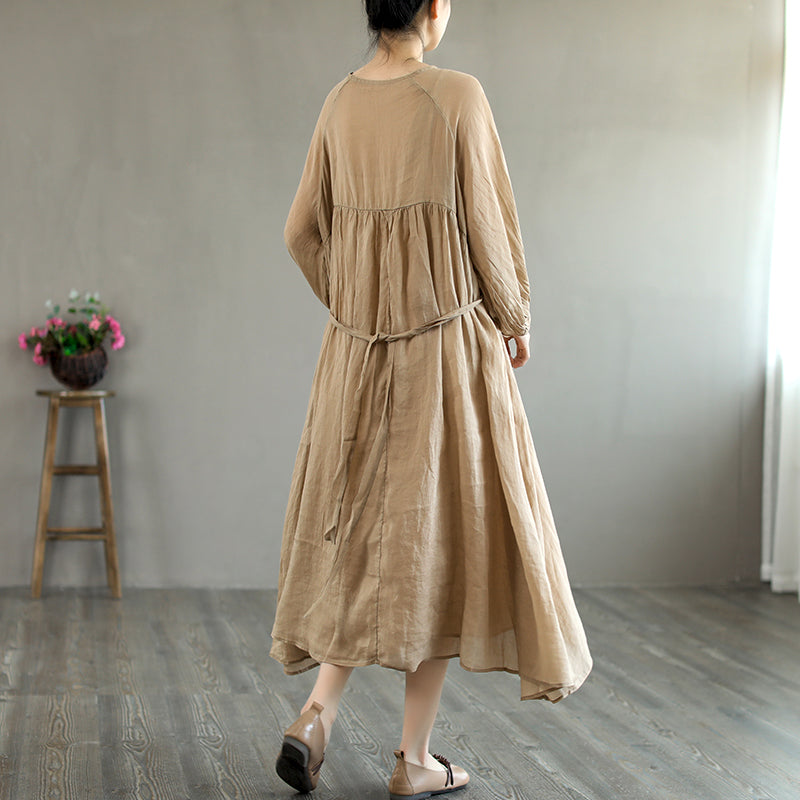 Summer Retro Loose Long Sleeve Thin Linen Dress