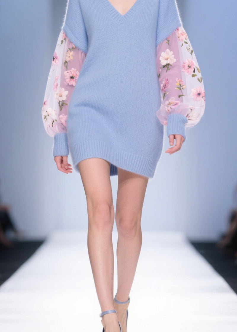 Diy Blue V Neck Tulle Patchwork Knit Sweater Dress Fall