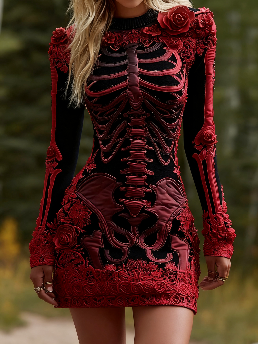 Comstylish Women's Halloween Skeleton Bones Leather With Rose Pattern Art Hot Sexy Style Cozy Knit Mini Sweater Dress