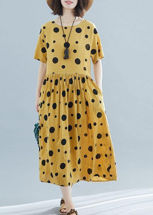 Diy Dotted Short Sleeve Linen Tunic Dress Shirts Yellow O Neck Dresses Summer