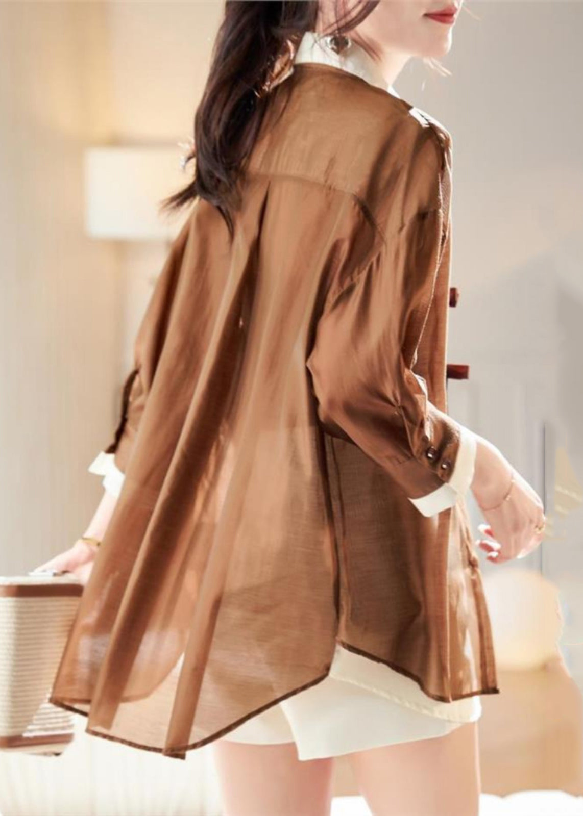 Organic Coffee Patchwork Fake Two Pieces Chiffon Shirt Spring