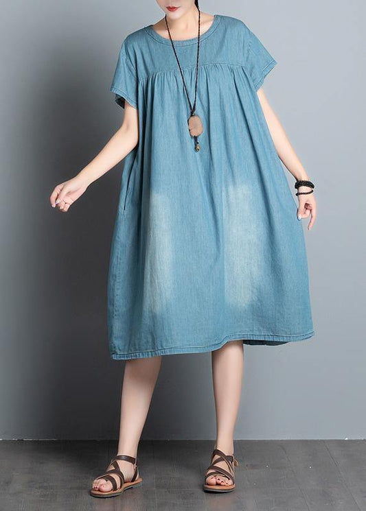 Diy O Neck Pockets Cotton Short Sleeve Denim Blue Dress Summer