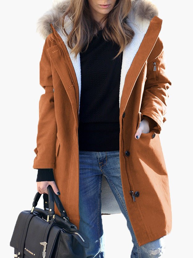 Coats Fur Collar Zip Pocket Hooded Coat