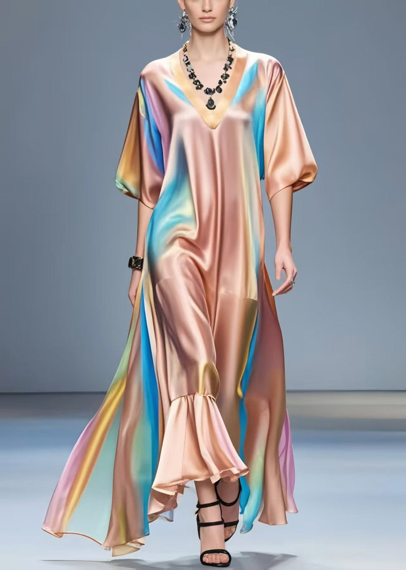 V Neck Tie Dye Silk Vacation Dresses Half Sleeve