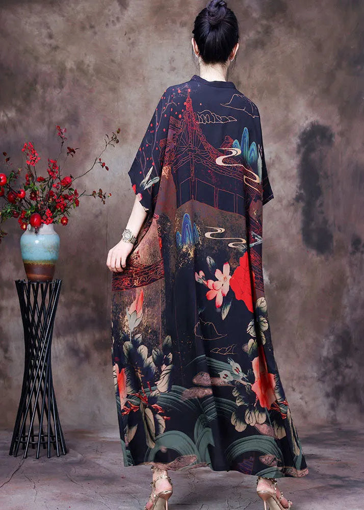 Coffee Stand Collar Button Print Silk Holiday Dress Batwing Sleeve