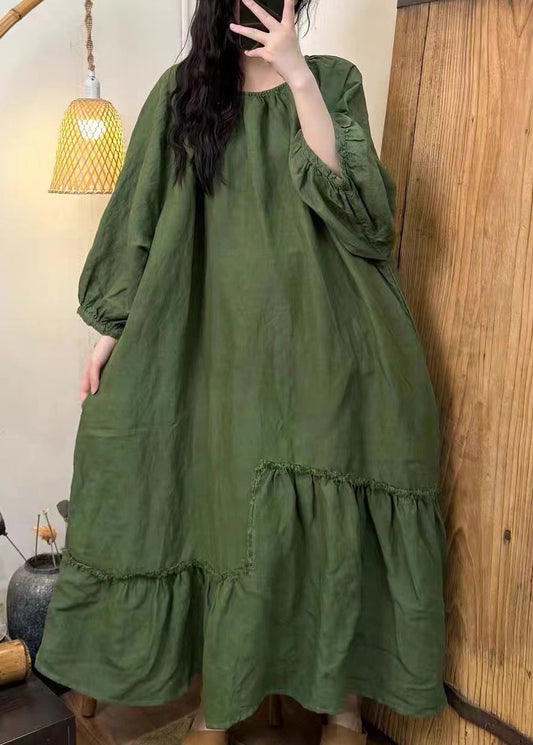 Tea Green Oversized Wrinkled Cotton Dress Fall