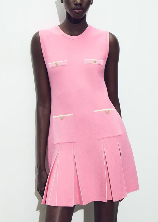 Pink O Neck Wrinkled Knit Mini Dresses Sleeveless