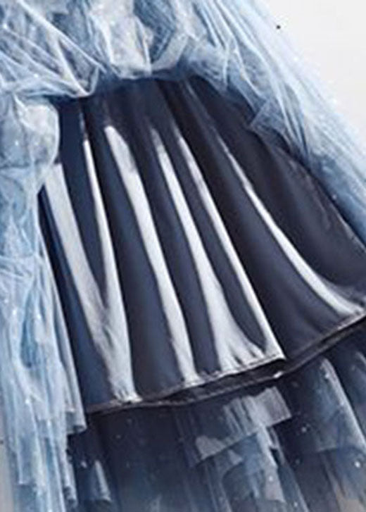 Light Blue Elastic Waist Sequins Tulle a Line Skirts Summer