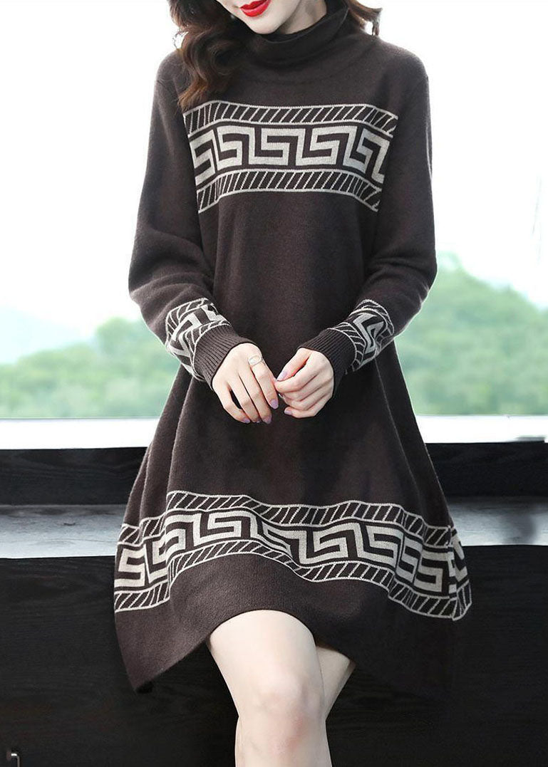 Coffee Print Long a Line Dress Turtle Neck Long Sleeve