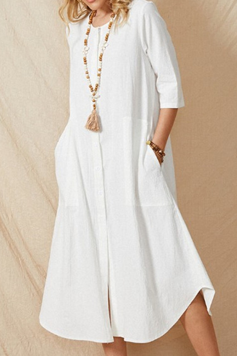 Pocket Buckle O Neck a Line Dresses