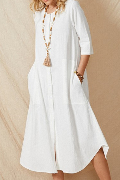 Pocket Buckle O Neck a Line Dresses