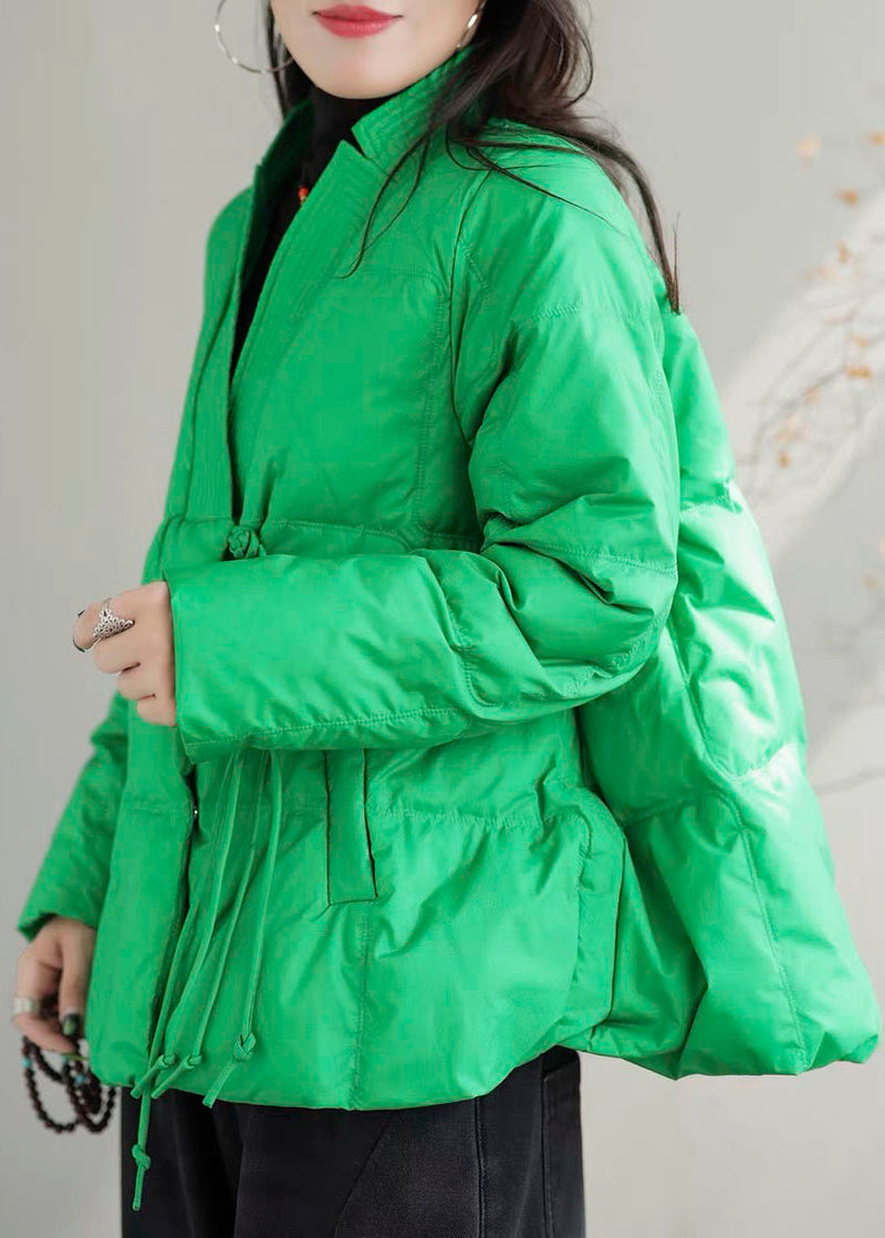 Green V Neck Pockets Duck Down Jackets Winter