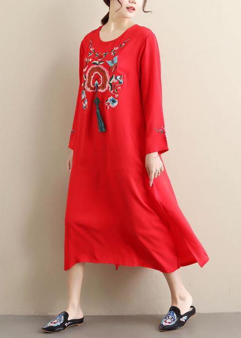 O Neck Tassel Tunics Outfits Red Embroidery a Line Dresses