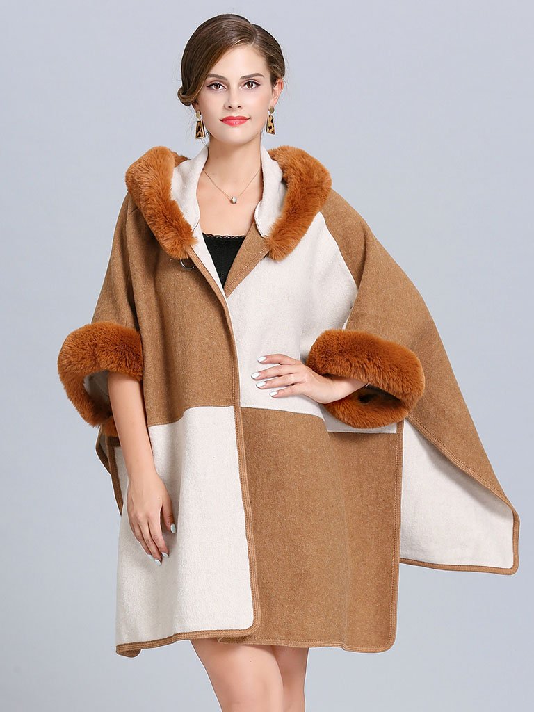 Poncho Cape Faux Fur Hooded Plaid Cape Coat
