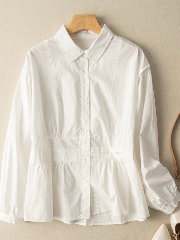 100% Natural Fabric Pleated Button Long Sleeve Loose Shirt