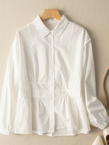 100% Natural Fabric Pleated Button Long Sleeve Loose Shirt