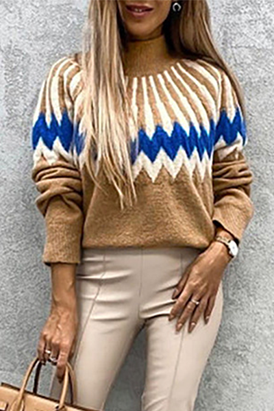Geometric Patchwork Contrast Turtleneck Tops(4 Colors)