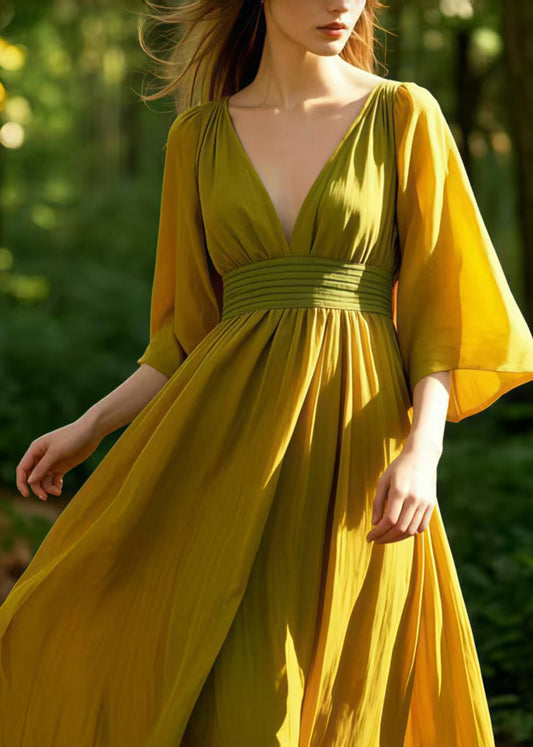 Khaki V Neck Exra Large Hem Cotton Ankle Dress Summer