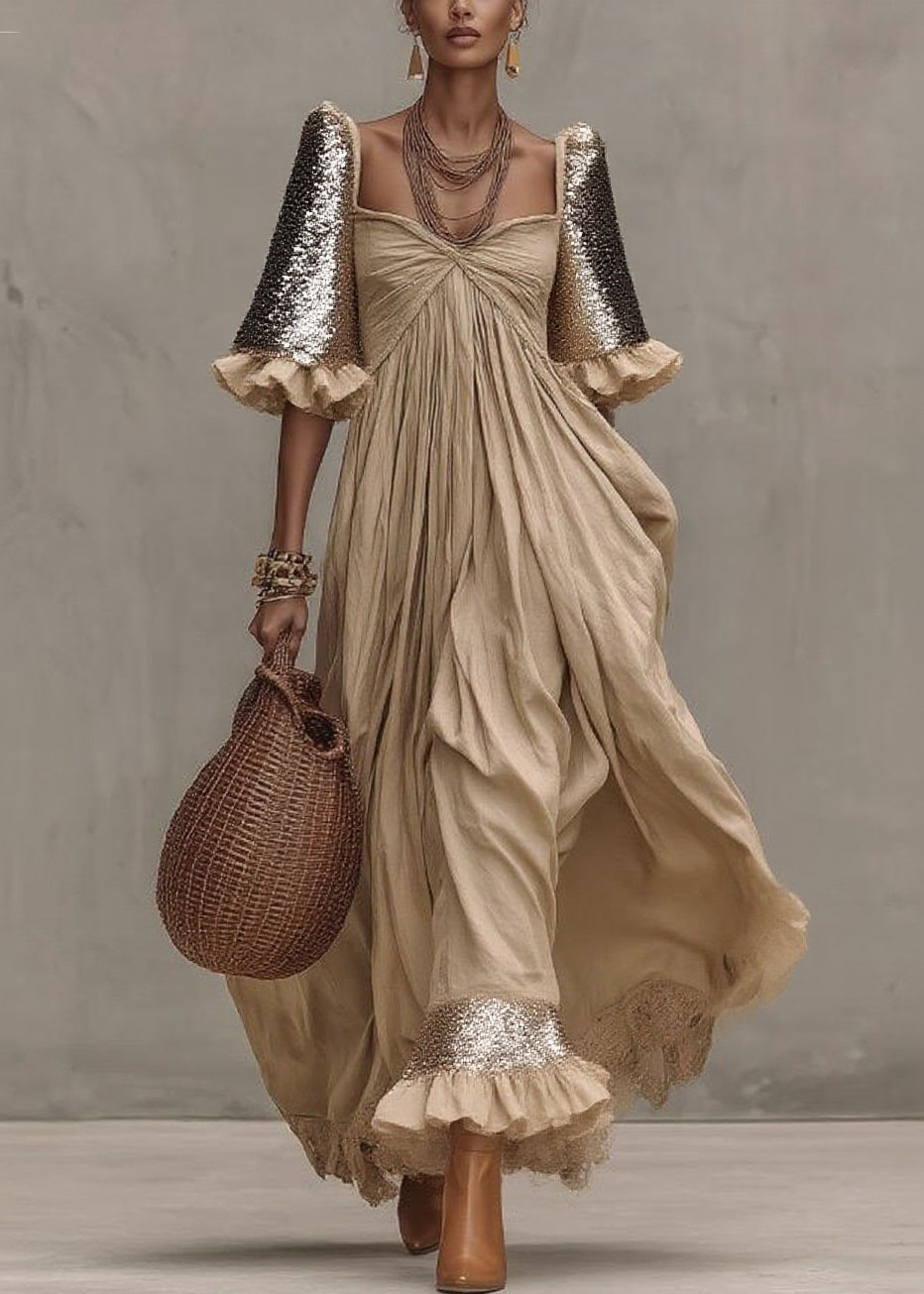 Khaki Wrinkled Patchwork Maxi Dresses Short Sleeve