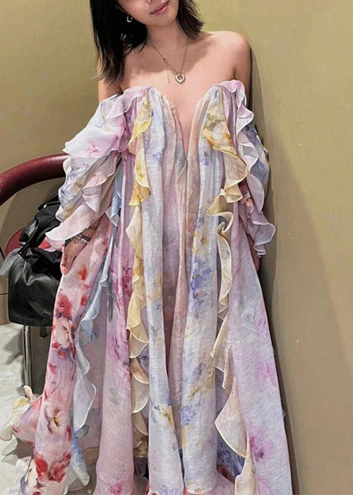 Cold Shoulder Ruffled Print Chiffon Long Dresses