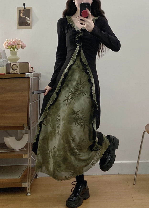Tea Green Ruffled Patchwork Bamboo Print Cotton Dress Fall
