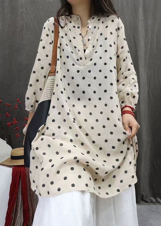 White Dot Button Pockets Cotton Shirts Dress Fall