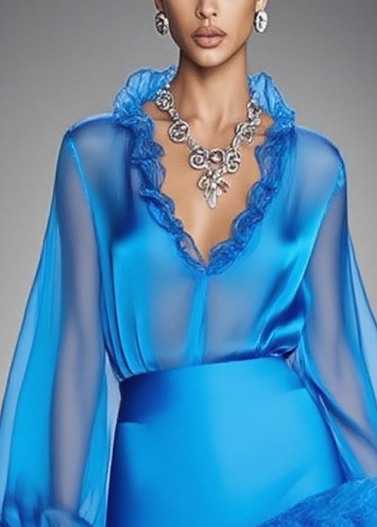 Boutique Blue Ruffled Patchwork Tulle Shirt and Skirt Two Piece Set Spring