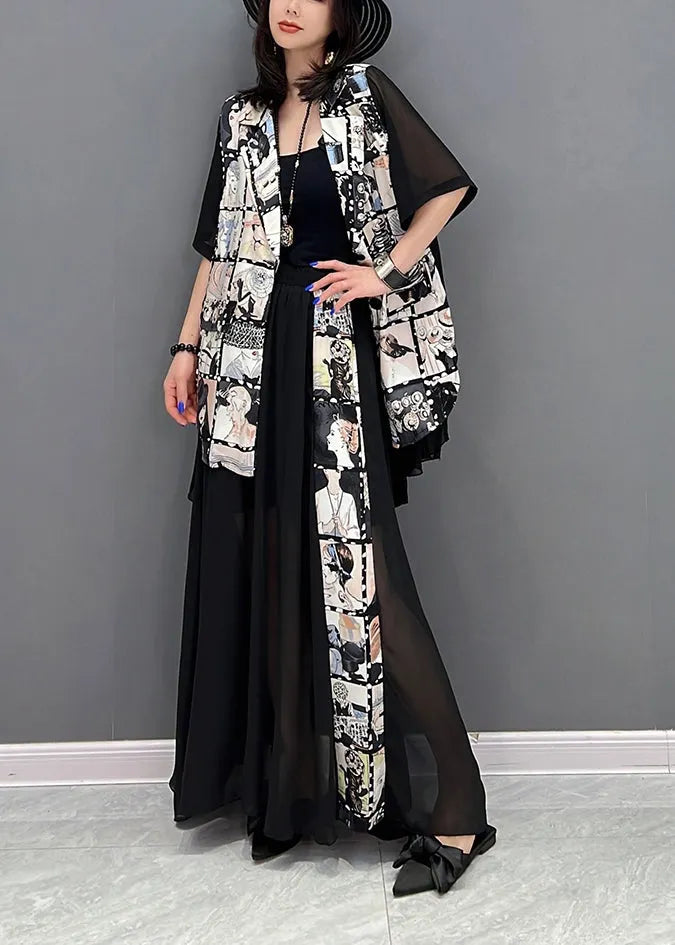 Black Notched Print Patchwork Chiffon Coats and Skirts Two Pieces Set Fall