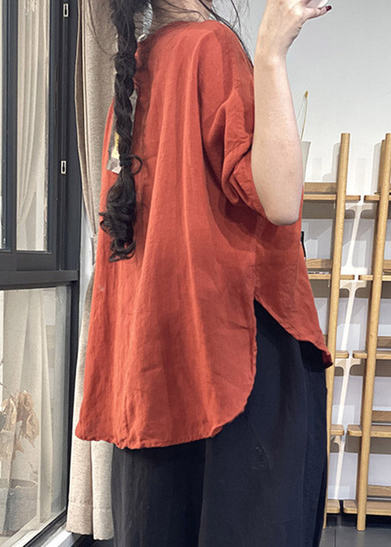 Italian Red O-neck Asymmetrical Design Linen Shirts Three Quarter Sleeve