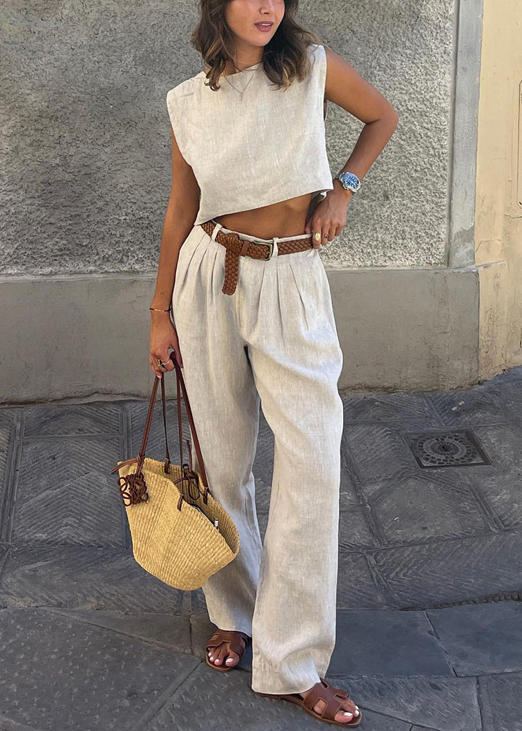 Beige Linen Vests and Wide Leg Pants Two-piece Set Sleeveless