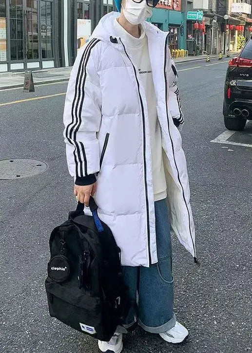 White Hooded Striped Print Duck Down Down Coat Winter