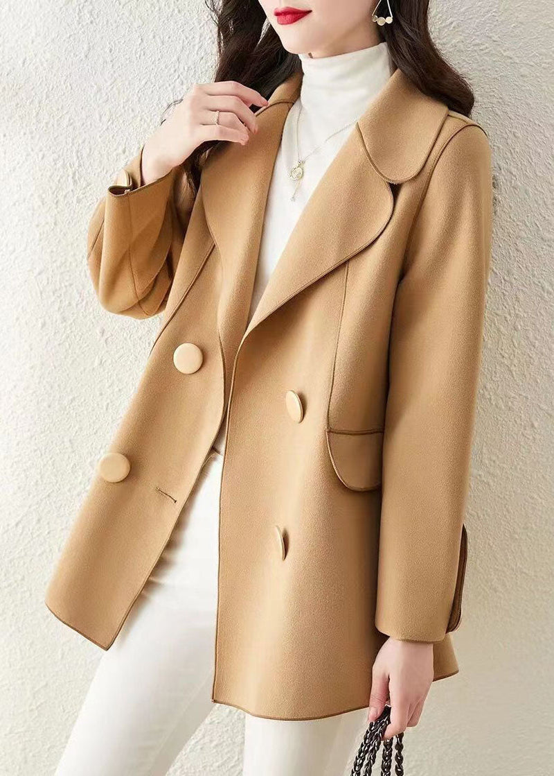 Khaki Peter Pan Collar Button Patchwork Woolen Coat Fall