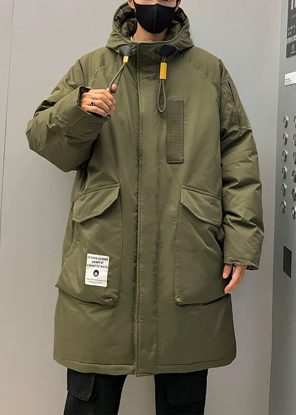 Loose Army Green Hooded Zippered Pockets Duck Down Down Coats Winter