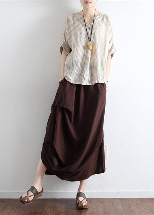 Brick Red Oversized Linen Skirts Asymmetrical Design Elastic Waist Long Skirt