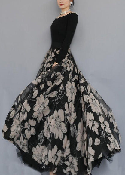 Black Print Exra Large Hem Chiffon Skirts Spring