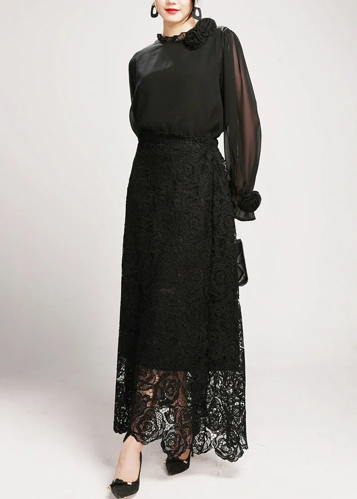 Black Lace Shirts and Maxi Skirts Two Pieces Set V Neck Long Sleeve