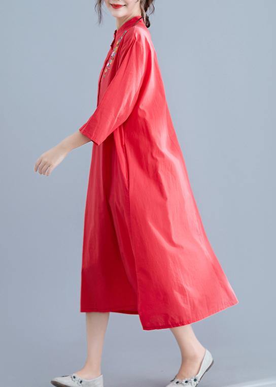 Stand Collar Pockets Cotton Tunics for Work Outfits Red Embroidery Maxi Dresses Summer