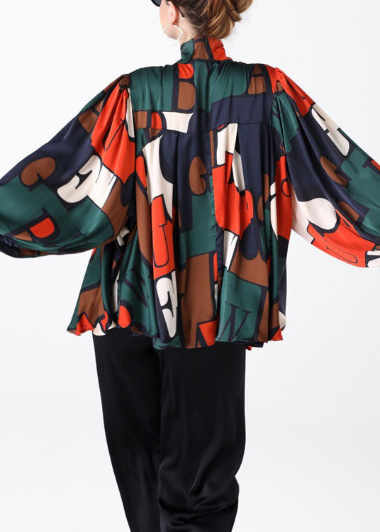 Colorblock Bow Print Patchwork Silk Shirt Spring
