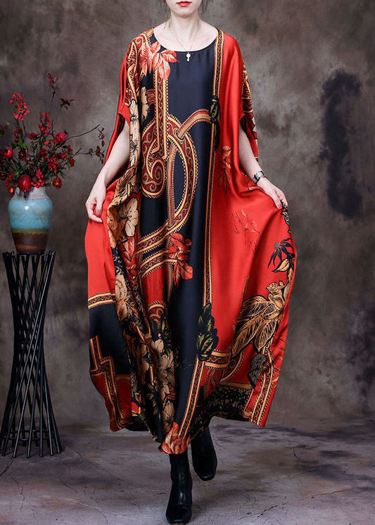 Classy Red O-neck Print Silk Loose Long Dresses Gown Batwing Sleeve