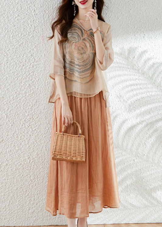 French Apricot V Neck Print Patchwork Tops and Skirts Cotton Two Pieces Set Summer
