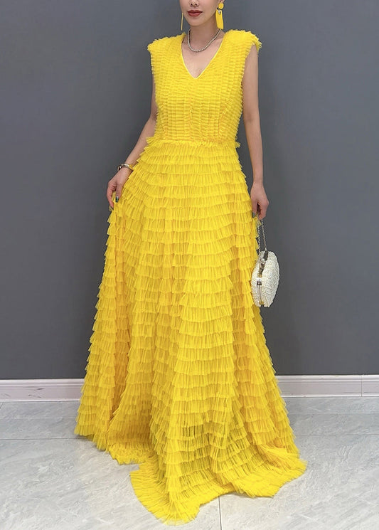 Yellow Wrinkled Vacation Maxi Cake Dresses Summer